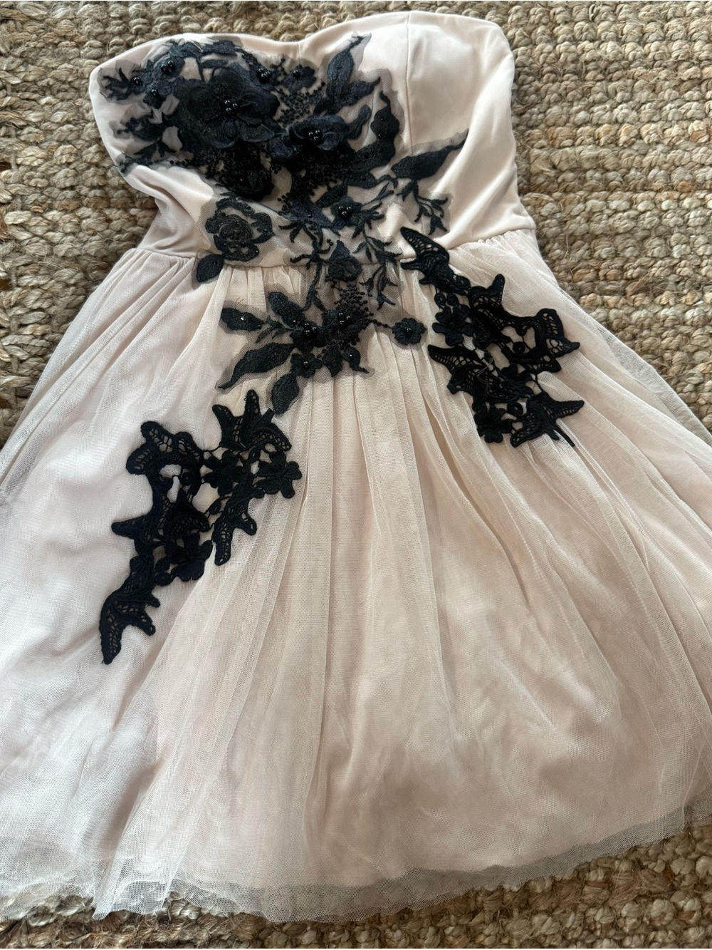 Size M embroidered dELiA*s Strapless Cream Dress with Black Floral Appliqué